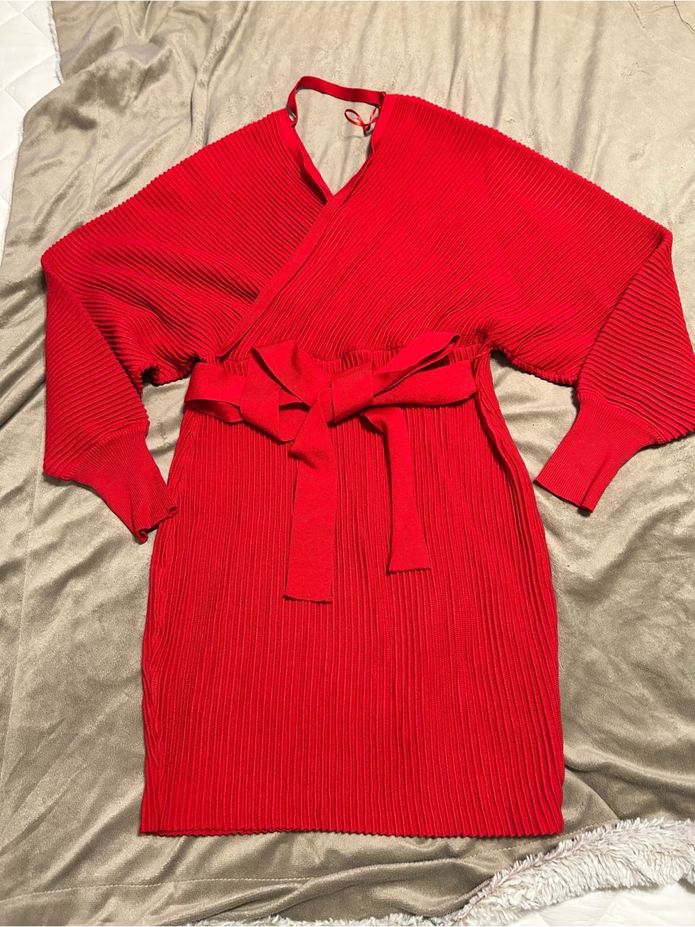 Red Ribbed Wrap Belted Dress size M NWT